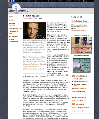 NPR Web site Tony Hawk on This I Believe