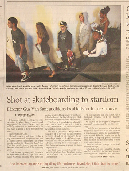 Gus Van Sant casting for skateboarders Article in the Oregonian