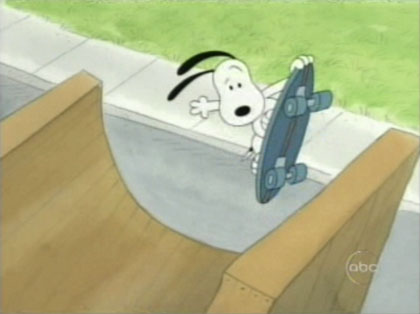Snoopy on a half pipe