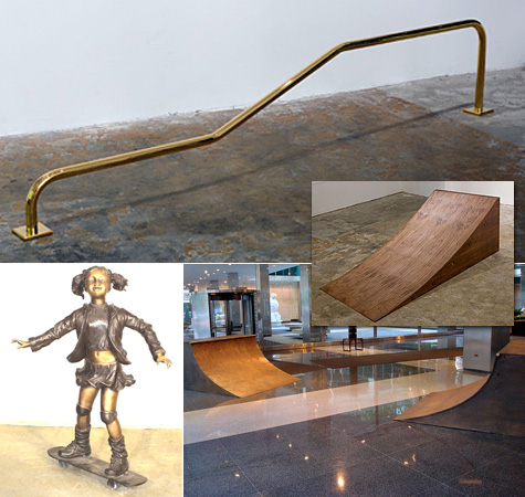 Gold plated skate rail, walnut launch ramp, bronze quarterpipe