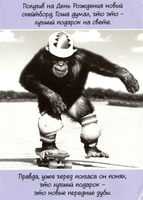 monkey skateboarding on Russian postcard