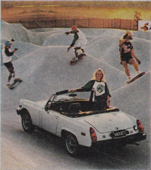 MG Midget car ad with skateboard