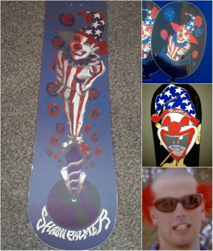 (Sims Shaun Palmer snowboards and balloon-shaped stickers with clown designs as seen on eBay, picture of Palmer in the lower right corner)