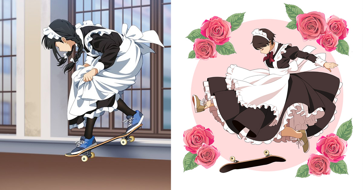 highly detailed skating anime maids, pixiv